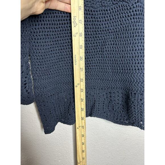 J Jill Open Knit Navy Sweater Tassel Tie Crochet Beachy Coastal Cottage Medium - Picture 8 of 10